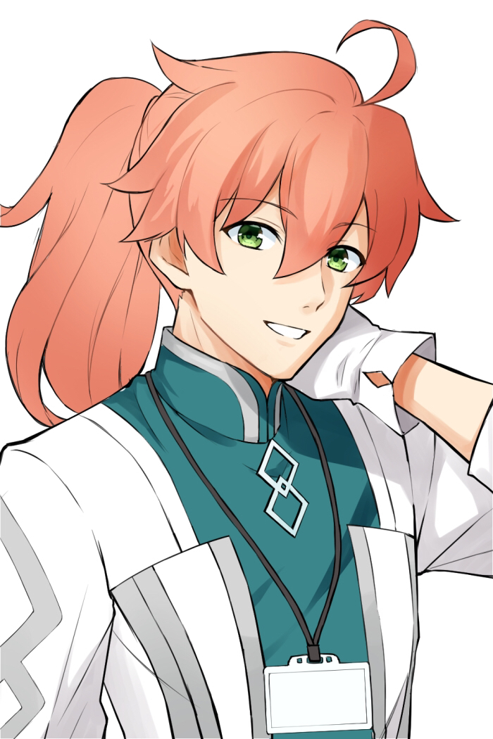 1boy ahoge coat commentary_request fate/grand_order fate_(series) gloves green_eyes hand_on_own_neck lanyard male_focus orange_hair ponytail romani_archaman smile solo torinonest upper_body white_coat white_gloves