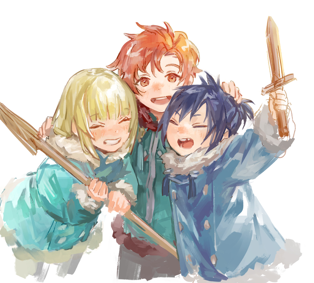 1girl 2boys ^_^ aged_down aqua_coat arm_up blonde_hair blue_coat blue_hair blunt_bangs blush buttons child closed_eyes coat commentary_request cropped_legs dot_nose felix_hugo_fraldarius fire_emblem fire_emblem:_three_houses fur-trimmed_collar fur-trimmed_jacket fur-trimmed_sleeves fur_trim grin hair_between_eyes hand_on_another&#039;s_head hand_on_another&#039;s_shoulder holding holding_polearm holding_sword holding_weapon ingrid_brandl_galatea jacket laughing logi_bunbukucha long_sleeves missing_tooth multiple_boys multiple_girls nintendo open_mouth orange_eyes parted_hair polearm red_fur red_hair simple_background smile sword sylvain_jose_gautier tassel teeth tongue weapon white_background white_fur wooden_sword