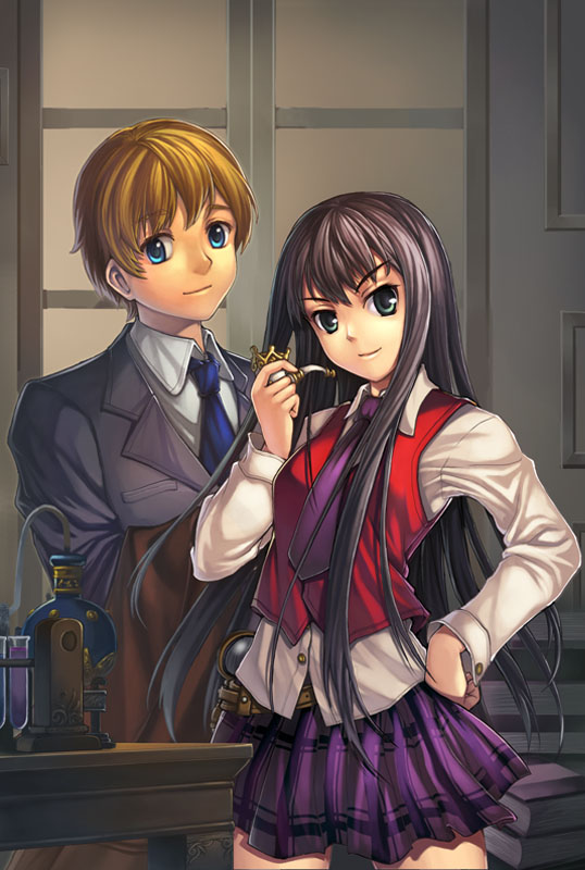 black_eyes black_hair blue_eyes brown_hair formal_clothes gender_request genderswap hand_on_own_hip hip_focus jak john_hamish_watson light_smile long_hair necktie pleated_skirt sherlock_holmes short_hair skirt smoking_pipe suit the_adventures_of_sherlock_holmes vest