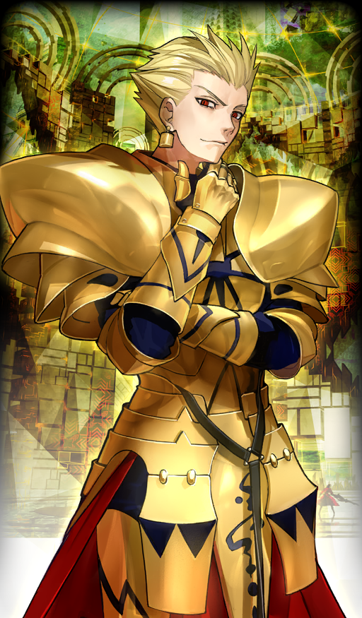 1boy armor blonde_hair breastplate commentary cowboy_shot earrings fate/extella fate/extra fate/grand_order fate_(series) full_armor gauntlets gilgamesh_(fate) gold_armor gold_earrings green_background hair_slicked_back hand_on_own_chin jewelry looking_at_viewer male_focus official_art red_eyes shoulder_armor smile solo third-party_source v-shaped_eyebrows wada_arco yellow_theme
