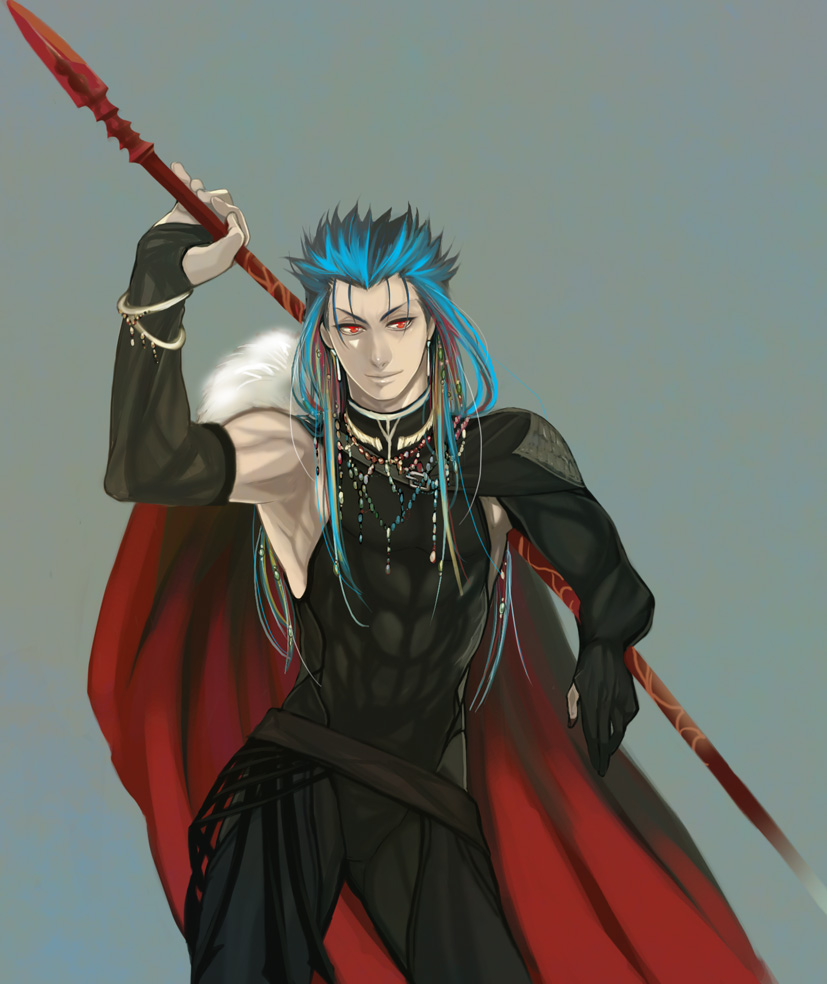 1boy alternate_costume bad_id bad_pixiv_id blue_background blue_hair cape cu_chulainn_(fate) cu_chulainn_(fate/stay_night) earrings elbow_gloves fate/stay_night fate_(series) fingerless_gloves gae_bolg_(fate) gloves grey_background jewelry jun_(ash) long_hair male_focus polearm red_eyes simple_background solo spear weapon