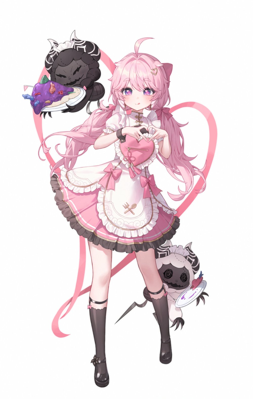 1girl four-finger_heart_hands :q ahoge alternate_costume apron black_shoes black_socks closed_mouth cloudy_(wuthering_waves) commentary cosmos_(wuthering_waves) dress encore_(wuthering_waves) english_commentary enmaided hair_ornament heart heart_hair_ornament heart_hands highres kneehighs light_blush long_hair looking_at_viewer low_twintails maid pink_dress pink_hair purple_eyes purple_pupils shoes simple_background smile socks solo tongue tongue_out twintails white_apron white_background wuthering_waves zua_(2vziu)