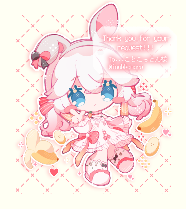 1girl animal_ears aqua_eyes banana banana_print black_bow blush_stickers bow carrot_print chibi chibi_only commission dress ear_bow expressionless fake_animal_ears food food_print frilled_dress frills fruit fruit_print hair_between_eyes hairband heart inukkomaru long_hair multicolored_bow original pink_bow rabbit_ears skeb_commission slippers solo thank_you twintails white_background white_dress white_hair white_hairband