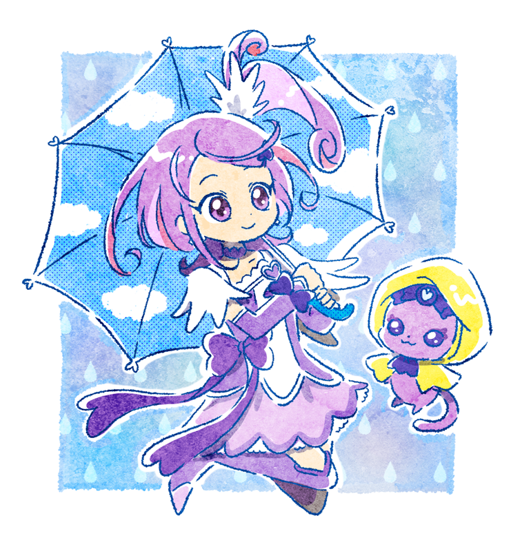 1girl arm_warmers boots bow brooch choker cloud commentary_request cure_sword davi_(dokidoki!_precure) dokidoki!_precure earrings hair_ornament heart heart_brooch high_ponytail hoppetoonaka3 jewelry kenzaki_makoto magical_girl ponytail precure purple_choker purple_eyes purple_footwear purple_hair purple_skirt rain raincoat skirt smile spade_hair_ornament umbrella waist_bow