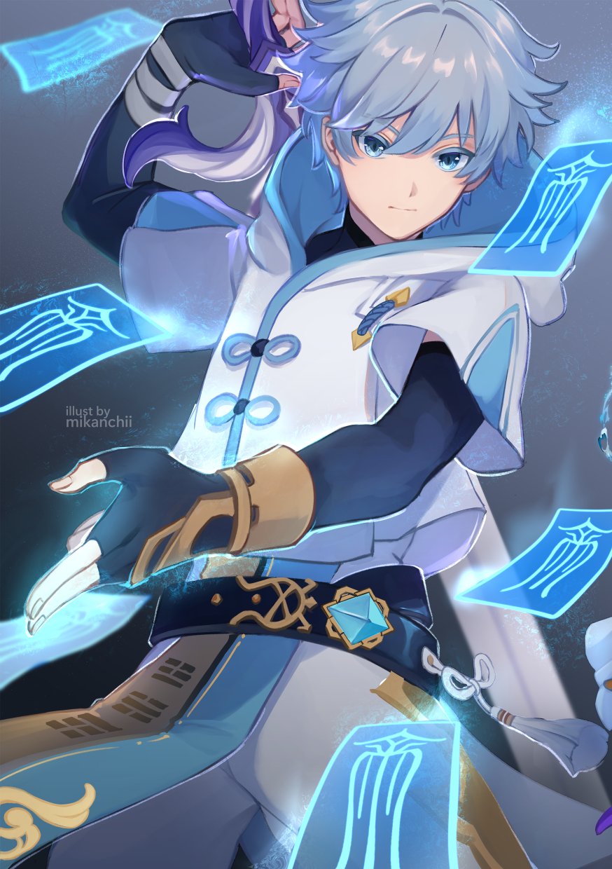 1boy arm_up artist_name bandaged_arm bandages belt black_belt black_gloves black_shirt blue_eyes blue_hair bracelet chongyun_(genshin_impact) closed_mouth colored_eyelashes commentary elbow_gloves english_commentary fingerless_gloves genshin_impact gloves hair_between_eyes hair_intakes highres holding holding_sword holding_weapon hood hood_down hoodie jewelry looking_at_viewer male_focus mikanchii pants sacrificial_greatsword_(genshin_impact) shirt short_hair short_sleeves solo sword talisman tassel vision_(genshin_impact) weapon white_hoodie white_pants