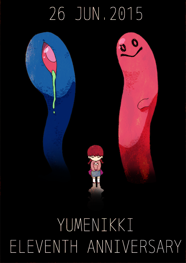 1girl 2015 anniversary black_background braid brown_footwear brown_hair chibi commentary_request dated english_text holding kasei-san kyukkyu-kun long_sleeves madotsuki monster pink_shirt shirt twin_braids uruchi_kome white_legwear yume_nikki