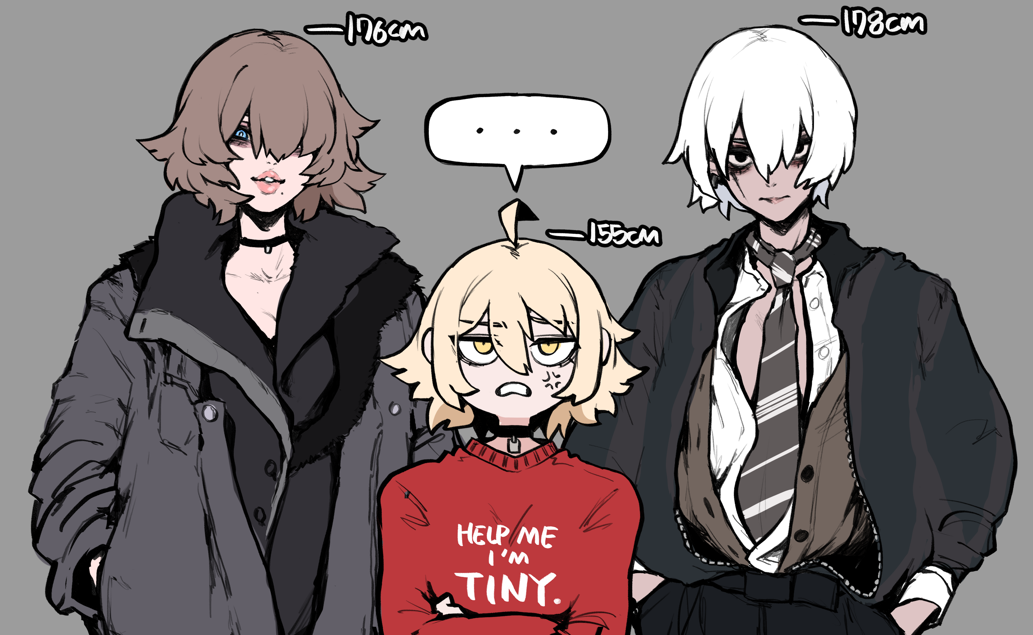 ... 3girls absurdres ahoge anger_vein angry black_choker black_eyes blonde_hair blue_eyes brown_hair choker chris_(ginseng) closed_mouth collarbone crossed_arms crusader_(ginseng) executioner_(ginseng) eyes_visible_through_hair fur-trimmed_jacket fur_trim ginseng_(xin) grey_background grey_jacket hair_between_eyes hair_over_one_eye hands_in_pockets height_conscious height_difference highres jacket mole mole_under_mouth multiple_girls necktie original parted_lips pink_lips red_sweater reverse_trap short_hair simple_background smile speech_bubble striped_necktie sweater white_hair yellow_eyes zipper