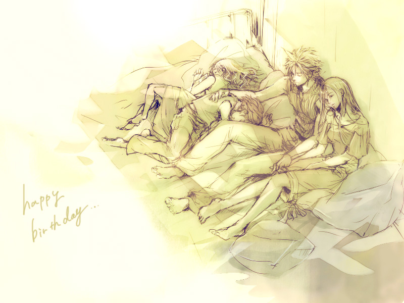 00s 1990s_(style) 2boys 2girls barefoot cloud_strife denzel_(ff7) family final_fantasy final_fantasy_vii final_fantasy_vii_advent_children happy_birthday long_hair marlene marlene_wallace monochrome multiple_boys multiple_girls niko_(silent.whitesnow) retro_artstyle sleeping tifa_lockhart yellow_theme