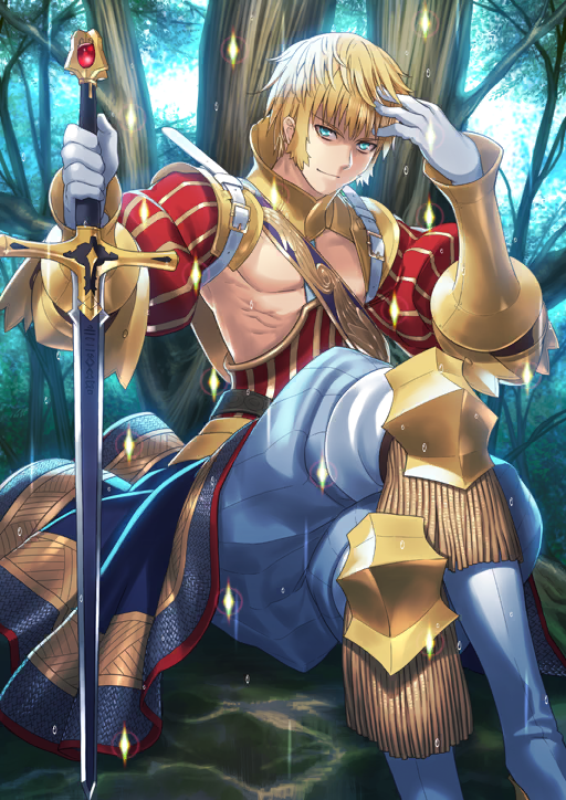 1boy against_tree aqua_eyes armor belt belt_buckle blonde_hair blue_pants blue_sash boots bracer buckle closed_mouth crossed_legs detached_sleeves durandal_(fate) fate/grand_order fate_(series) feet_out_of_frame fringe_trim game_cg gloves gold_armor hand_in_own_hair hand_on_own_forehead hand_up hands_up high_collar holding holding_sword holding_weapon leg_armor long_sleeves looking_at_viewer male_focus neck_armor no_shirt official_art pants pectorals puffy_pants puffy_sleeves red_sash red_sleeves roland_(fate) sakamoto_mineji sash short_hair shoulder_belt shoulder_sash sideburns sitting smile solo sparkle sword third-party_source toned toned_male tree waist_cape waist_sash weapon white_belt white_boots white_gloves