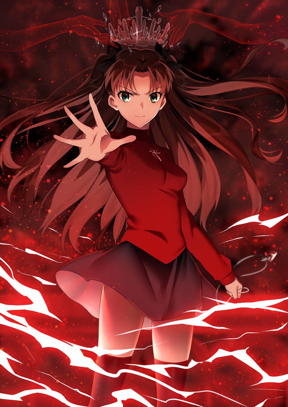 &gt;:) 1girl aqua_eyes arm_up black_ribbon black_skirt black_thighhighs blurry breasts brown_hair closed_mouth clothes_lift crown depth_of_field fate/stay_night fate_(series) female_focus floating_hair hair_ribbon highres holding holding_pendant jewelry legs light_particles lightning long_sleeves magic medium_breasts necklace outstretched_arm outstretched_hand parted_bangs pendant red_sweater ribbon skirt skirt_lift smile solo standing sweater thighhighs tohsaka_rin transparent_hand two_side_up type-moon unworn_jewelry unworn_necklace wind wind_lift yaoshi_jun