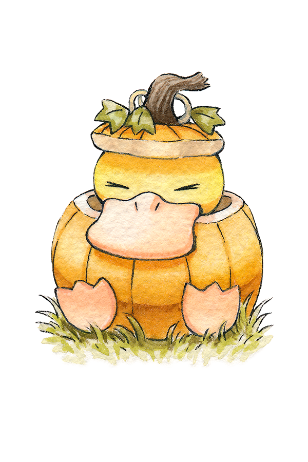 &gt;_&lt; 1other beak bird closed_eyes closed_mouth commentary duck english_commentary gen_1_pokemon grass leaf nintendo no_humans oliver_hamlin pokemon pokemon_(creature) pokemon_focus psyduck pumpkin sitting white_background