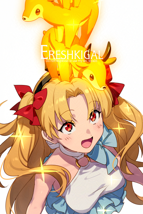 1girl antelope bare_shoulders blonde_hair bow breasts character_name echo_(circa) ereshkigal_(fate) fate/grand_order fate_(series) grey_one-piece_swimsuit hair_bow hairband long_hair medium_breasts o-ring one-piece_swimsuit open_mouth parted_bangs red_eyes smile solo space_ereshkigal_(fate) space_ereshkigal_(first_ascension)_(fate) sparkle swimsuit two-tone_swimsuit two_side_up white_one-piece_swimsuit