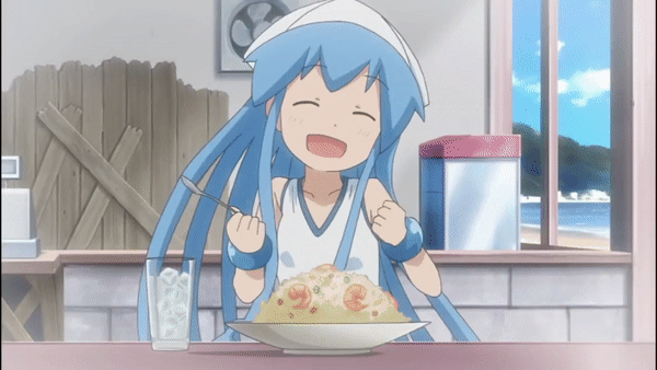 1girl animated animated_gif beach blue_hair blush cash_register closed_eyes cloud collarbone counter day eating fan female_focus food glasses happy hat holding holding_spoon ice ikamusume mountain open_mouth plate rice sand shinryaku!_ikamusume shrimp sitting sky solo spoon squid_girl squid_hat talking tentacle_hair
