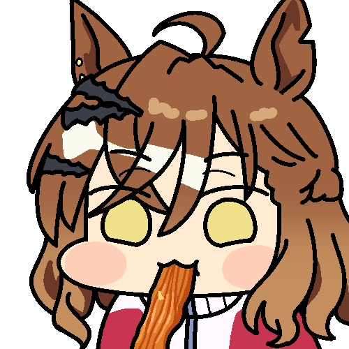 1girl ahoge animal_ears brown_hair commentary food_in_mouth horse_ears horse_girl jazz_jack jungle_pocket_(umamusume) looking_at_viewer lowres medium_hair notched_ear simple_background solo umamusume upper_body white_background yellow_eyes