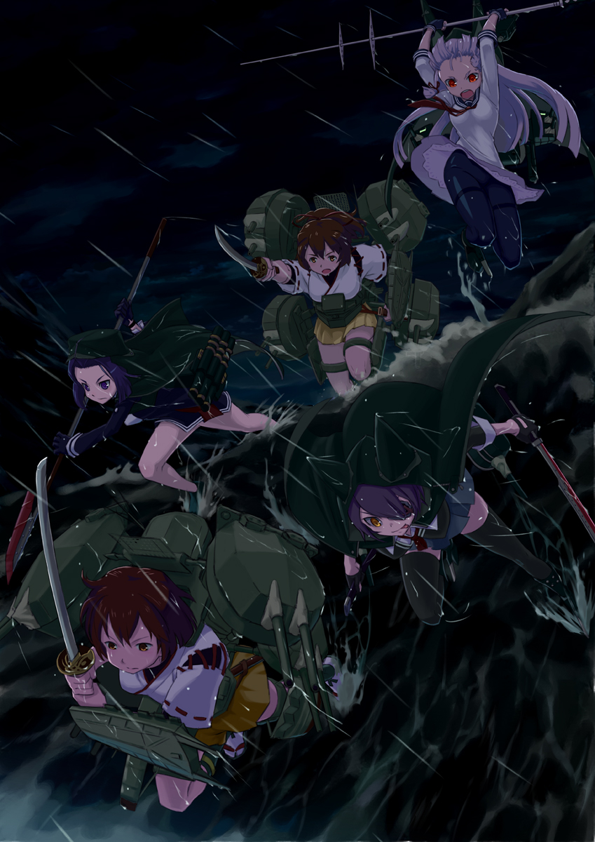 10s 5girls :p black_gloves black_legwear bow brown_eyes brown_hair eyepatch glaive_(polearm) gloves hair_bow hair_ornament hair_ribbon headgear highres holding hyuuga_(kancolle) ise_(kancolle) japanese_clothes jumping kakuchoshi kantai_collection katana long_hair machinery multiple_girls murakumo_(kancolle) ocean open_mouth pantyhose pleated_skirt polearm ponytail purple_hair rain raincoat red_eyes ribbon running school_uniform serafuku ship_turret short_hair skirt smile spear storm storm_cloud stormy_waters sword tatsuta_(kancolle) tenryuu_(kancolle) thighhighs tongue tongue_out waves weapon wind yellow_eyes zettai_ryouiki