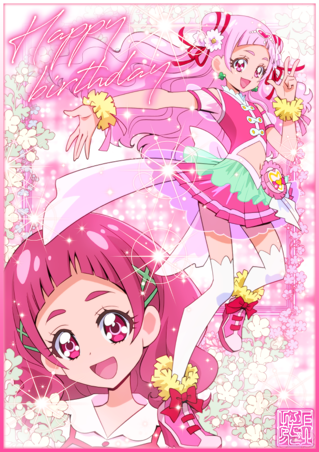 1girl artist_logo back_bow boots bow clover_earrings cone_hair_bun cure_yell flower four-leaf_clover_earrings full_body hair_bun hair_flower hair_ornament hair_ribbon happy_birthday heart heart_hair_ornament heart_pouch hugtto!_precure kamikita_futago layered_skirt logo long_hair magical_girl navel nono_hana open_mouth pink_boots pink_eyes pink_hair pink_shirt pink_skirt precure ribbon shirt short_hair skirt smile thick_eyelashes thighhighs waist_brooch white_thighhighs