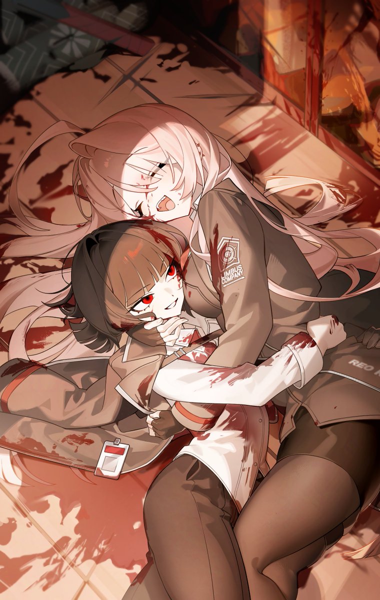 2girls ahoge black_coat black_hair black_pants black_pantyhose black_skirt blood blood_on_clothes blood_on_face blood_on_ground bob_cut closed_eyes coat collared_shirt cowboy_shot highres hug lapels laughing limbus_company long_hair multiple_girls notched_lapels ootachi open_mouth original pants pantyhose pencil_skirt pink_hair project_moon red_eyes reo_(rw0419) rw0419 ryoshu_(project_moon) shirt short_hair skirt smile very_long_hair white_shirt yuri