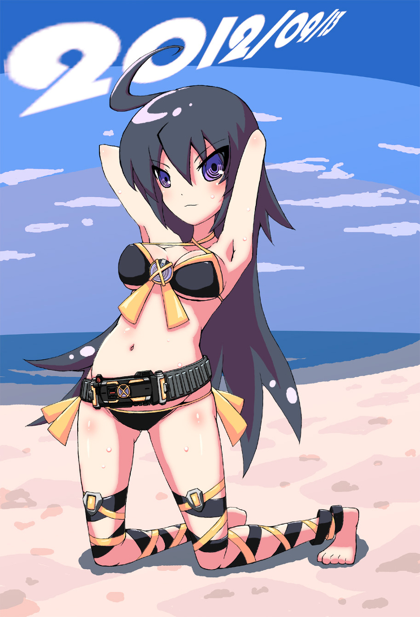 10s 1girl 2010 :3 ahoge arms_behind_head arms_up barefoot beach belt bikini black_bikini black_hair blush breasts cellphone cleavage cloud collarbone dated flip_phone highres kamen_rider kamen_rider_555 kamen_rider_kaixa kneeling leg_ribbon long_hair looking_at_viewer medium_breasts midriff navel ocean personification phone purple_eyes ribbon rider-tan rider_belt sand sb-913b_kaixa_driver sb-913p_kaixa_phone september shiro_washi side-tie_bikini_bottom sky smile sweat swimsuit water