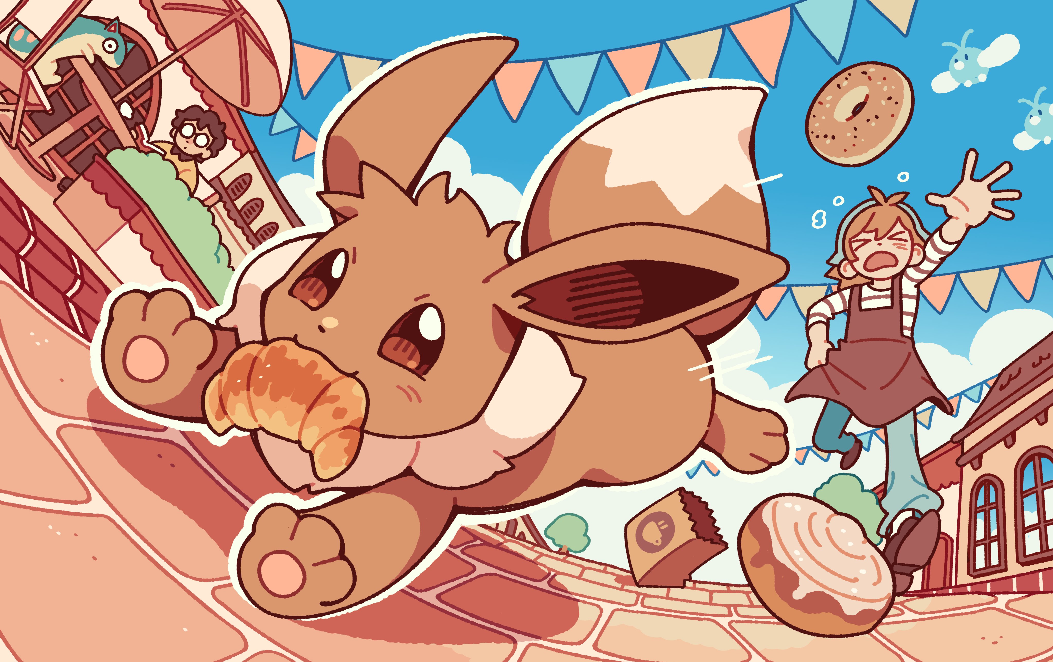 1boy 1girl :3 absurdres animal animal_focus bag bagel blue_sky chasing cinnamon_roll cloud commentary croissant eevee english_commentary food fourleafisland gen_1_pokemon gen_2_pokemon highres mouth_hold nintendo outdoors paper_bag pawpads pokemon pokemon_(creature) quilava running sky tail