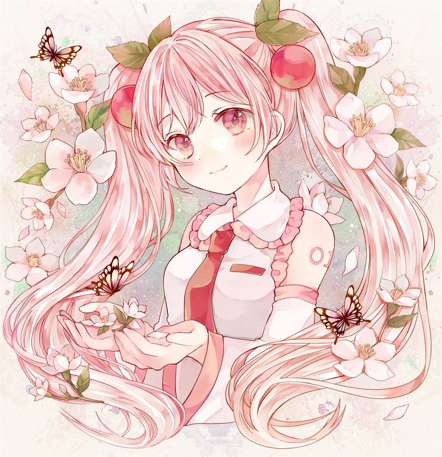 1girl bare_shoulders blush breasts bug butterfly cherry_hair_ornament closed_mouth commentary_request detached_sleeves double-parted_bangs falling_petals flower food-themed_hair_ornament frilled_shirt_collar frills hair_ornament hatsune_miku insect leaf long_hair long_sleeves looking_at_viewer necktie number_tattoo petals pink_butterfly pink_eyes pink_flower pink_hair pink_petals red_necktie sakura_miku shirt shoulder_tattoo sleeveless sleeveless_shirt small_breasts smile solo tattoo tententuyu twintails upper_body very_long_hair vocaloid wing_collar