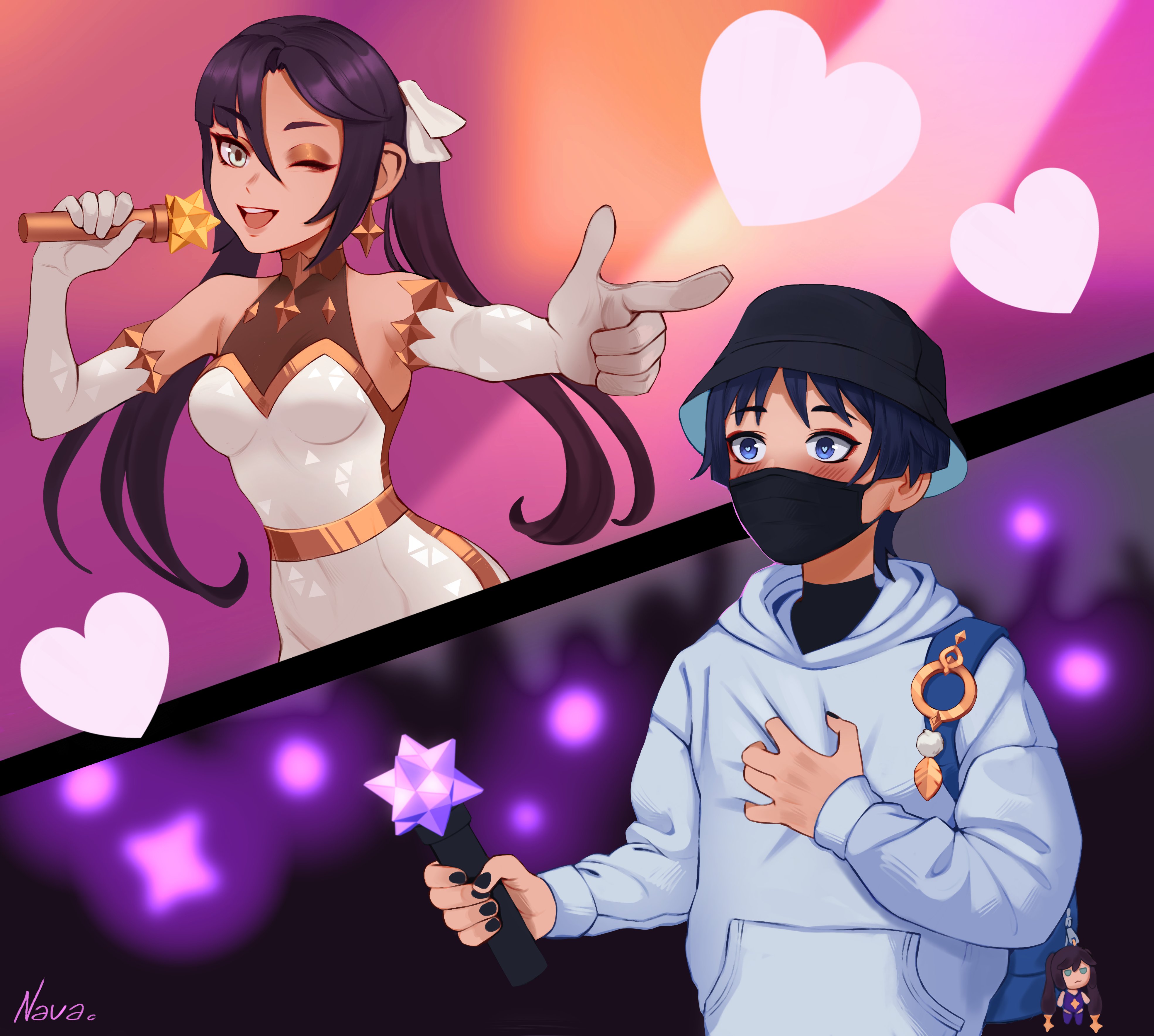 1boy 1girl absurdres alternate_costume aqua_eyes armpit_crease artist_name backpack bag bare_shoulders black_hair black_mask black_nails black_shirt black_undershirt blue_bag blue_eyes blue_hoodie blue_sleeves blunt_bangs blunt_ends blush bodystocking bodysuit bright_pupils brown_eyeshadow character_doll clutching_chest contemporary elbow_gloves feathers genshin_impact gloves gold hair_between_eyes hand_on_own_chest hand_up heart hetero highres holding holding_microphone hood hood_down hoodie idol long_hair long_sleeves mask microphone mona_(genshin_impact) mouth_mask navadraw one_eye_closed open_mouth outstretched_arm parted_bangs pointing pointing_at_another pom_pom_(clothes) scaramouche_(genshin_impact) shirt split_screen teeth turtleneck turtleneck_shirt twintails upper_teeth_only white_bodysuit white_gloves white_pupils wide-eyed yellow_feathers