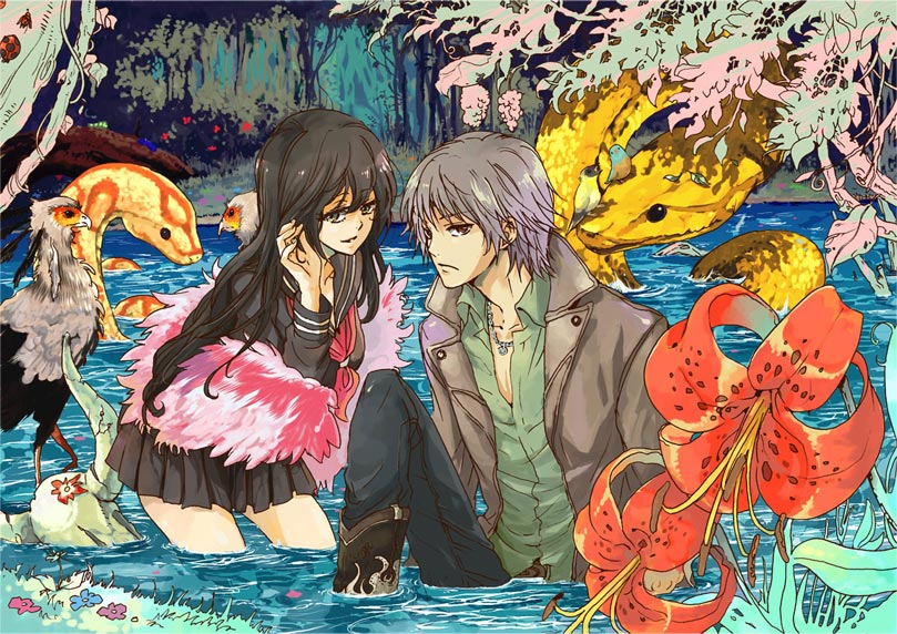 1boy 1girl acm anaconda animal bird black_hair couple feather_boa fire_lily flower hetero jungle lily_(flower) nature original river school_uniform serafuku silver_hair snake