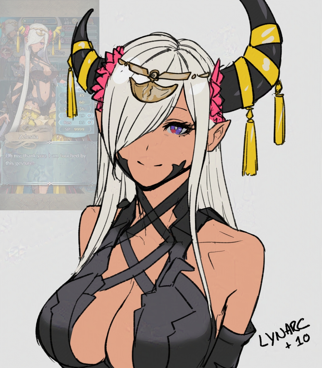 1girl artist_name bare_shoulders breasts cleavage closed_mouth dark-skinned_female dark_skin dragon_horns fire_emblem fire_emblem_engage fire_emblem_heroes game_screenshot_inset grey_hair hair_over_one_eye highres horns large_breasts long_hair looking_at_viewer lynarc nintendo pointy_ears purple_eyes smile solo upper_body zelestia_(fire_emblem)