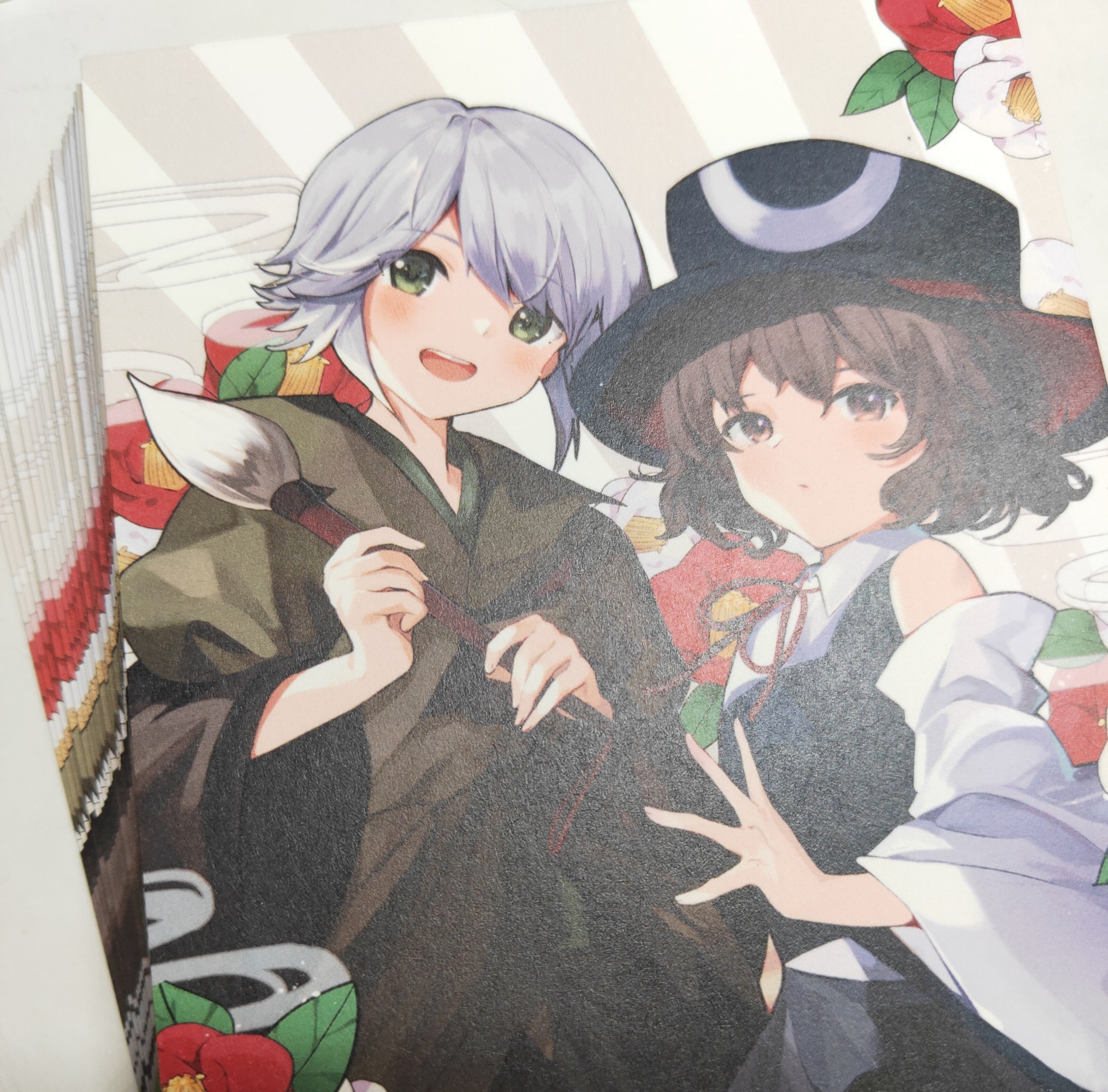 2others androgynous bare_shoulders black_coat black_hair black_hat black_kimono brown_coat closed_mouth coat collared_coat collared_shirt cowboy_shot detached_sleeves dot_nose enraku_tsubakura expressionless eye_of_senri flower green_eyes grey_eyes grey_hair hair_between_eyes hand_on_another's_arm happy hat highres houlen_yabusame japanese_clothes jinbei_(clothes) kimono kita_(kitairoha) layered_sleeves len'en lens_flare light_blush light_frown long_sleeves multiple_others neck_ribbon open_mouth other_focus photo_(medium) puffy_short_sleeves puffy_sleeves red_flower red_ribbon ribbon shirt short_hair short_over_long_sleeves short_sleeves sleeveless sleeveless_coat sleeveless_shirt smile smoke teeth third-party_source top_hat two-sided_fabric two-sided_headwear upper_teeth_only white_flower white_shirt white_sleeves wide_sleeves