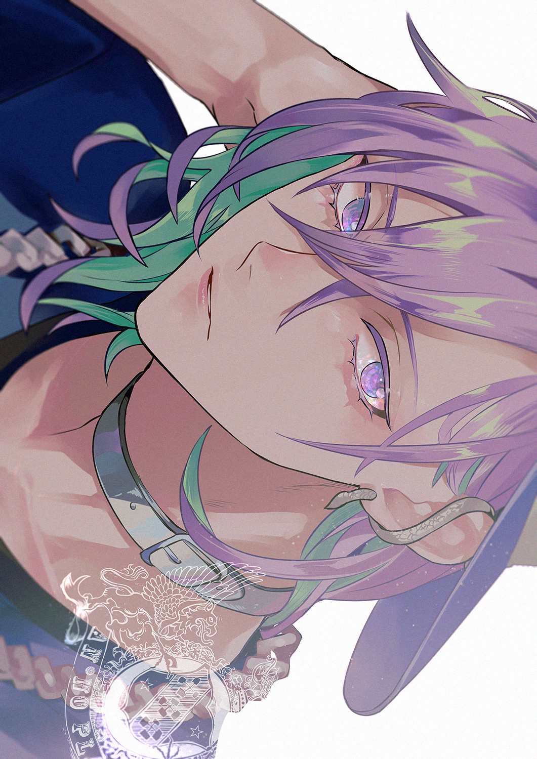 1boy ankekkai aqua_hair bishounen black_shirt chain chain_necklace choker closed_mouth colored_eyelashes ear_piercing earrings eyelashes hair_between_eyes hand_in_own_hair hat highres jewelry looking_at_viewer male_focus multicolored_hair necklace paradox_live piercing portrait purple_eyes purple_hair shirt sideways simple_background snake_earrings solo two-tone_hair watermark white_background white_choker yatonokami_kanata