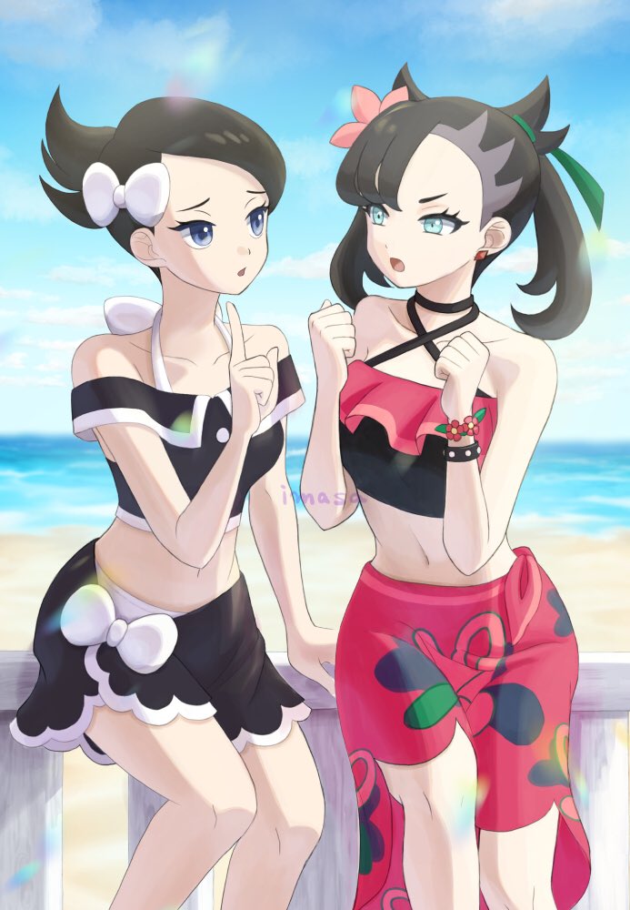 2girls :o arm_support beach black_hair black_shirt blue_eyes bow cloud collarbone commentary_request day earrings eyelashes flower green_ribbon hair_bow hair_flower hair_ornament hair_ribbon hand_up hands_up im_i_masa index_finger_raised jewelry knees marley_(pokemon) marnie_(pokemon) marnie_(summer_2021)_(pokemon) multiple_girls navel nintendo off-shoulder_shirt off_shoulder official_alternate_costume outdoors pink_flower pokemon pokemon_dppt pokemon_masters_ex ribbon sand sarong shirt shore short_hair sitting sky swimsuit water white_bow