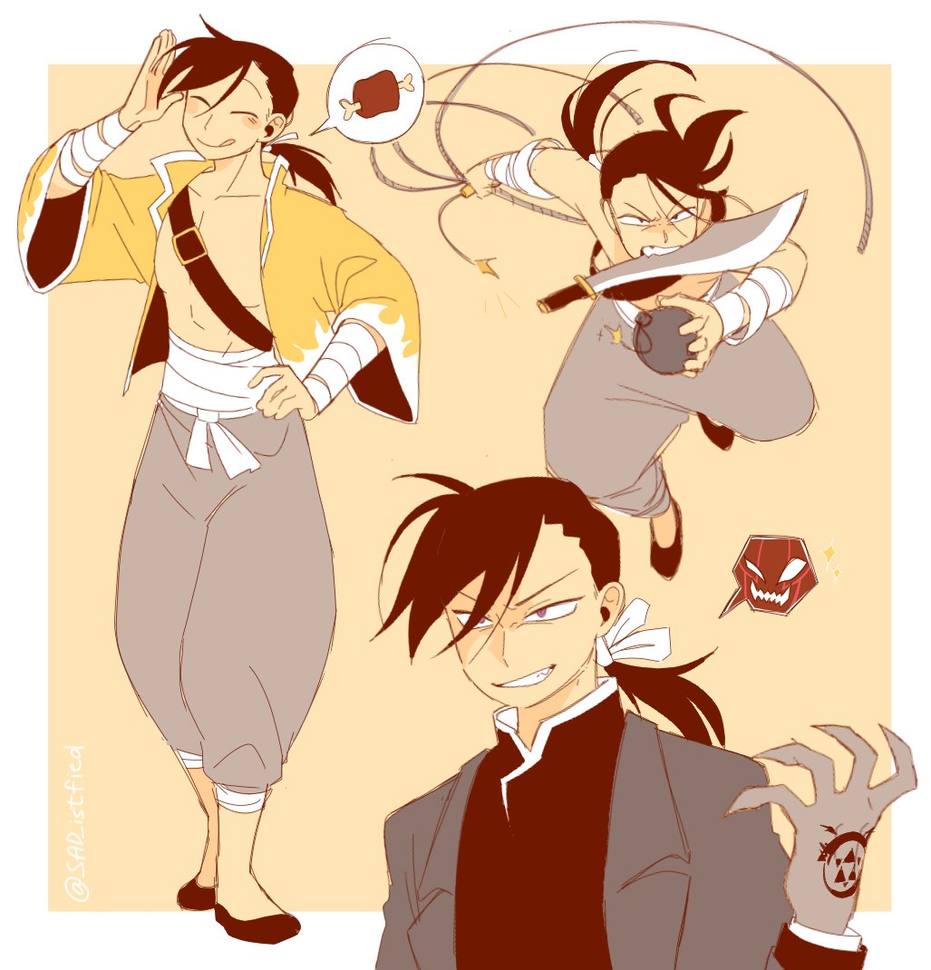 2boys androgynous black_hair bomb border closed_eyes commentary dao_(weapon) dual_persona english_commentary explosive fullmetal_alchemist greed_(fma) grin holding holding_bomb jacket ling_yao long_hair looking_at_viewer male_focus mouth_hold multiple_boys multiple_views open_clothes open_jacket pectorals ponytail possessed possession running sad-ist simple_background smile sword teeth very_long_hair weapon white_border yellow_background