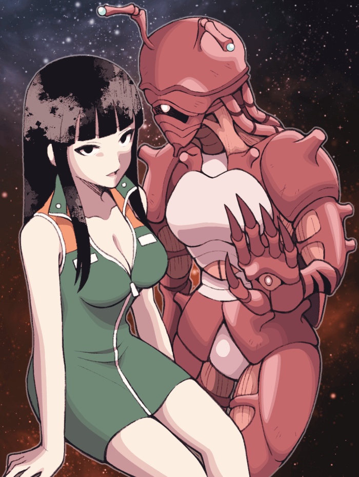 1girl black_eyes black_hair breasts cleavage dress dual_persona linda_cube long_hair looking_at_viewer medium_breasts minashirazu open_mouth sachiko_(linda_cube) skirt sleeveless smile space star_(sky)