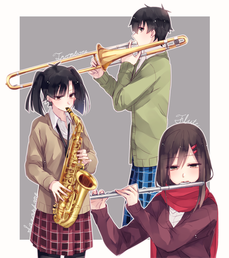 1boy 2girls black_eyes black_hair black_shorts black_skirt blue_pants blunt_ends border bright_pupils brown_cardigan cardigan collared_shirt commentary_request cowboy_shot cropped_legs cursive english_text enomoto_takane enpera flute framed from_side green_cardigan grey_background hair_between_eyes hair_ornament hairclip half-closed_eyes holding holding_instrument holding_saxophone holding_trumpet instrument kagerou_project kokonose_haruka lanyard long_hair looking_at_object looking_at_viewer multicolored_pants multicolored_skirt multiple_girls music open_collar ouri_(aya_pine) outline outside_border pants partial_commentary pink_skirt plaid_clothes plaid_pants plaid_skirt playing_instrument pleated_skirt red_scarf saxophone scarf school_uniform shirt shorts shorts_under_skirt sideways_glance simple_background skirt tateyama_ayano trombone trumpet upper_body v-neck white_border white_outline white_pupils white_shirt