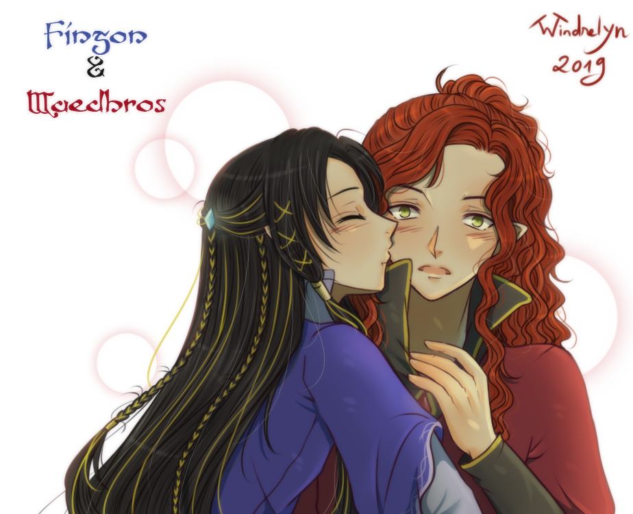 2019 2boys artist_name black_hair blush braid character_name closed_mouth collar cousins dated elf fingon gem green_eyes high_collar kiss kissing_cheek long_hair looking_at_viewer maedhros male_focus multiple_boys open_mouth pointy_ears red_hair the_silmarillion tolkien&#039;s_legendarium upper_body wavy_hair windrelyn yaoi