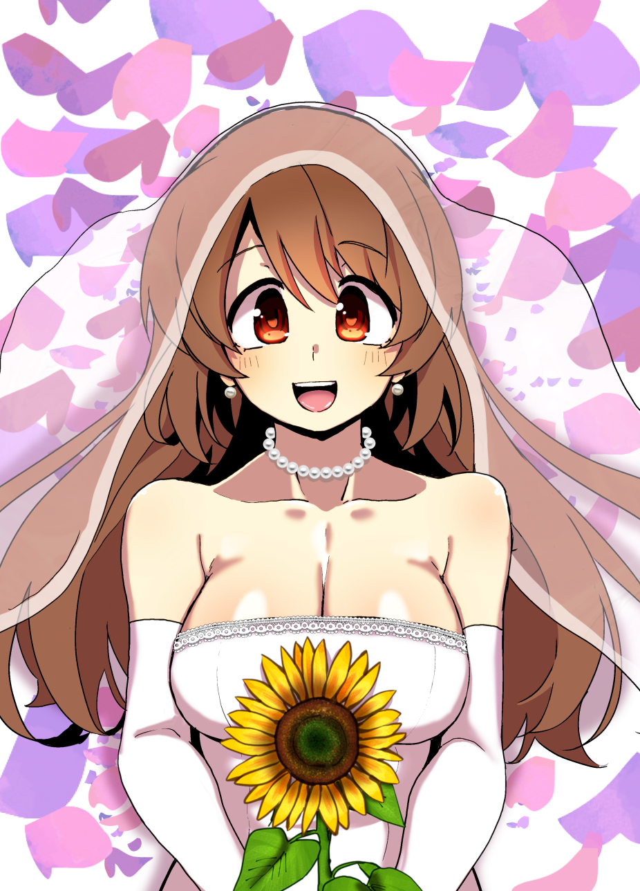 1girl bridal_veil bride dress flower highres jewelry magia_record:_mahou_shoujo_madoka_magica_gaiden mahou_shoujo_madoka_magica mengnaidu necklace pearl_necklace smile solo strapless strapless_dress sunflower teeth upper_teeth_only veil wedding_dress yui_tsuruno