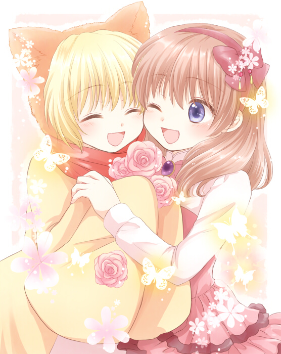 1boy 1girl ;d ^_^ animal_ears blonde_hair bow brown_hair bug butterfly closed_eyes dress fang flower hair_bow hairband hetero hug insect lion_ears long_sleeves maekawa_suu one_eye_closed open_mouth rose sakutarou_(umineko) scarf sleeves_past_wrists smile umineko_no_naku_koro_ni ushiromiya_maria