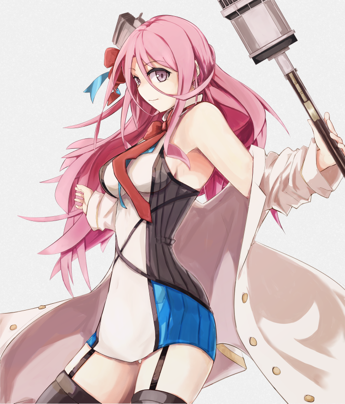 1girl alternate_costume azur_lane black_thighhighs bow bowtie breasts closed_mouth coat dress hair_ornament hair_ribbon lexington_(azur_lane) long_hair looking_at_viewer marshall_k medium_breasts pink_hair purple_eyes red_bow red_bowtie ribbon solo standing thighhighs white_background white_coat