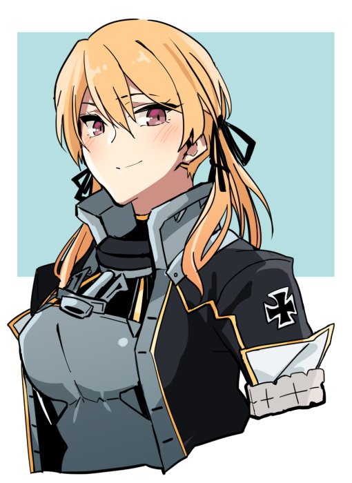 1girl alternate_eye_color anchor asakawa_(outeq) black_ribbon blonde_hair border breasts closed_mouth coat commentary_request cosplay cross female_focus grin hair_between_eyes hair_over_shoulder hair_ribbon iron_cross kantai_collection looking_at_viewer low_twintails nagato_(kancolle) nagato_(kancolle)_(cosplay) prinz_eugen_(kancolle) red_eyes remodel_(kantai_collection) ribbon simple_background smile solo twintails upper_body white_border
