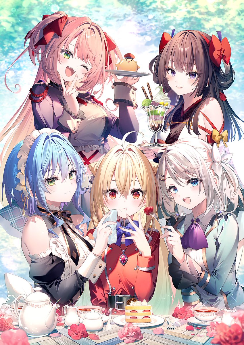 5girls ahoge amatsu_karla bare_shoulders black_hair blonde_hair blue_eyes blue_hair cake closed_mouth cup food fruit green_eyes highres hikikomari_kyuuketsuki_no_monmon japanese_clothes long_hair maid maid_headdress military_uniform multiple_girls nelia_cunningham official_art one_eye_closed open_mouth pink_hair purple_eyes red_eyes riichu sakuna_memoire smile strawberry teacup teapot terakomari_gandezblood villhaze