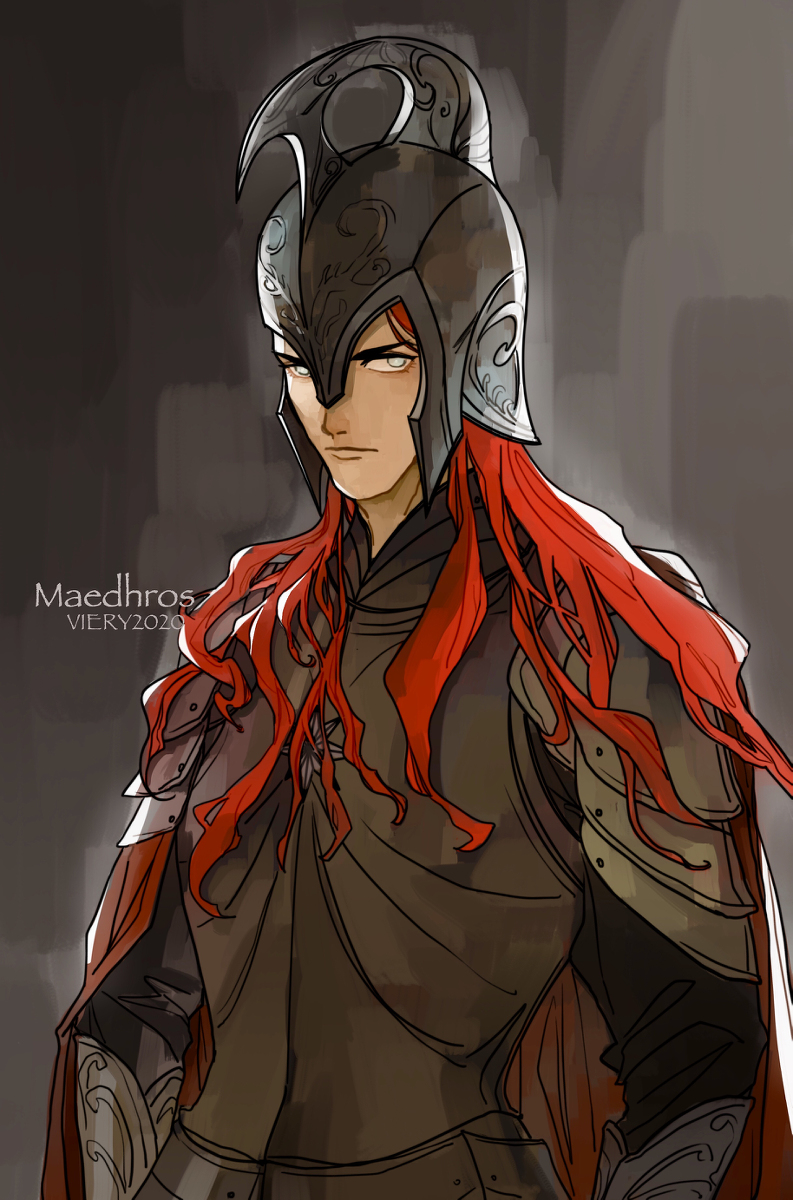 2020 armor artist_name character_name closed_mouth dated elf helmet highres long_hair looking_at_viewer maedhros pointy_ears prince red_hair the_silmarillion tolkien&#039;s_legendarium viery