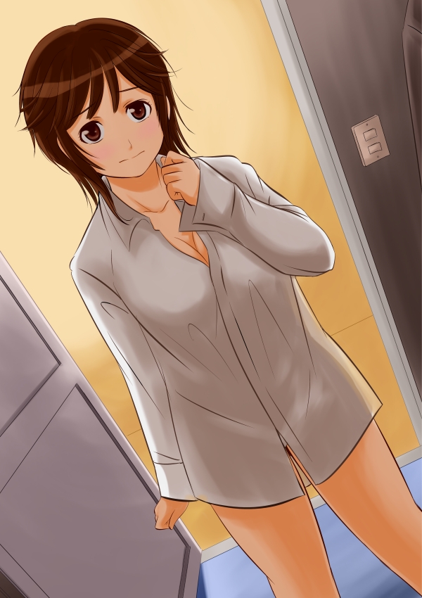 1girl amagami bakadere bare_legs blush botomless brown_hair legs looking_at_viewer night sakurai_rihoko shirt shirt_only solo worried worried_look