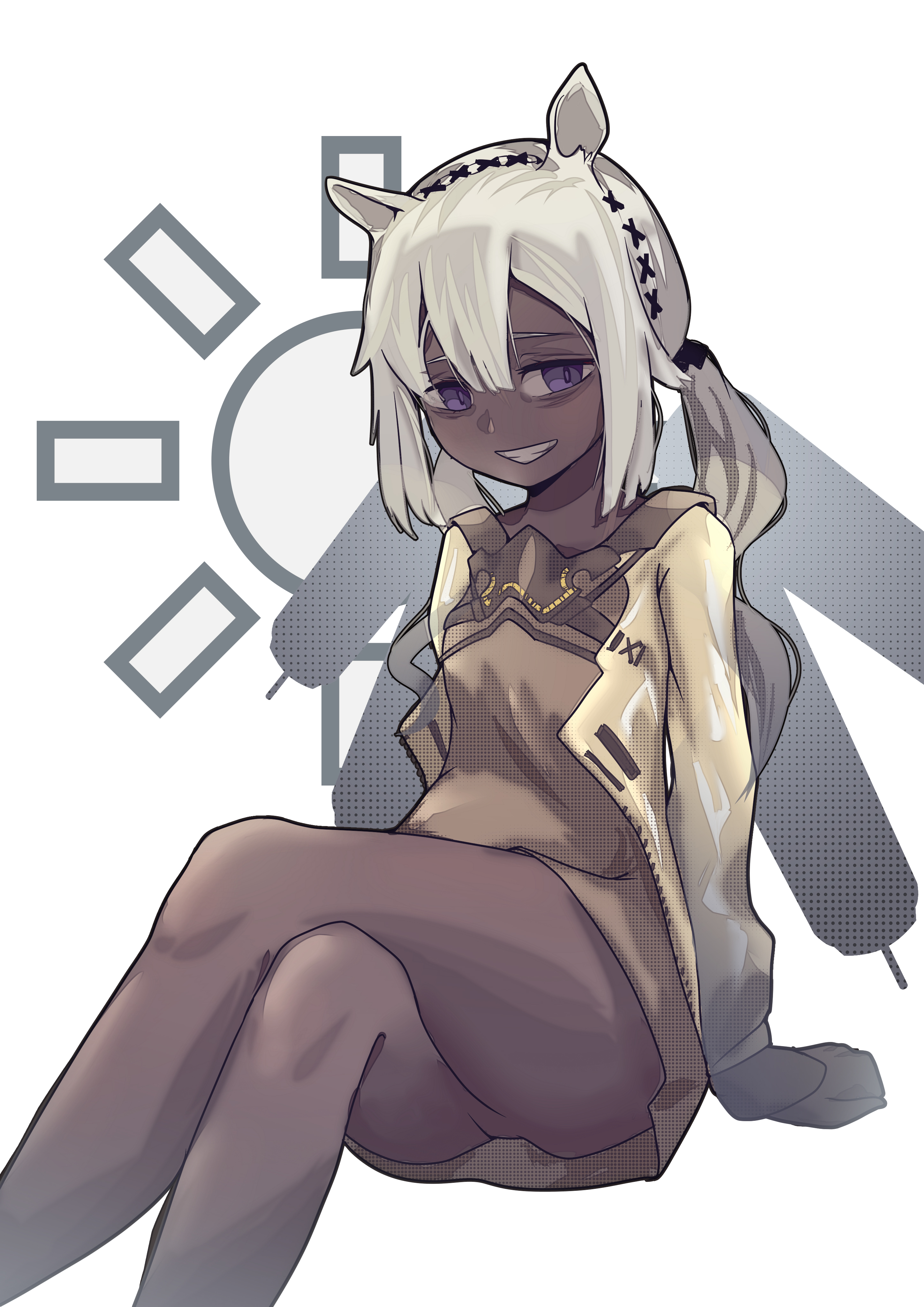 1girl absurdres animal_ears arknights arm_support ass bags_under_eyes brown_dress camel_ears caohu crossed_legs dark-skinned_female dark_skin dress grey_hair hair_between_eyes highres jacket long_hair long_sleeves looking_at_viewer open_clothes open_jacket ponytail purple_eyes solo tuye_(arknights) white_background yellow_jacket