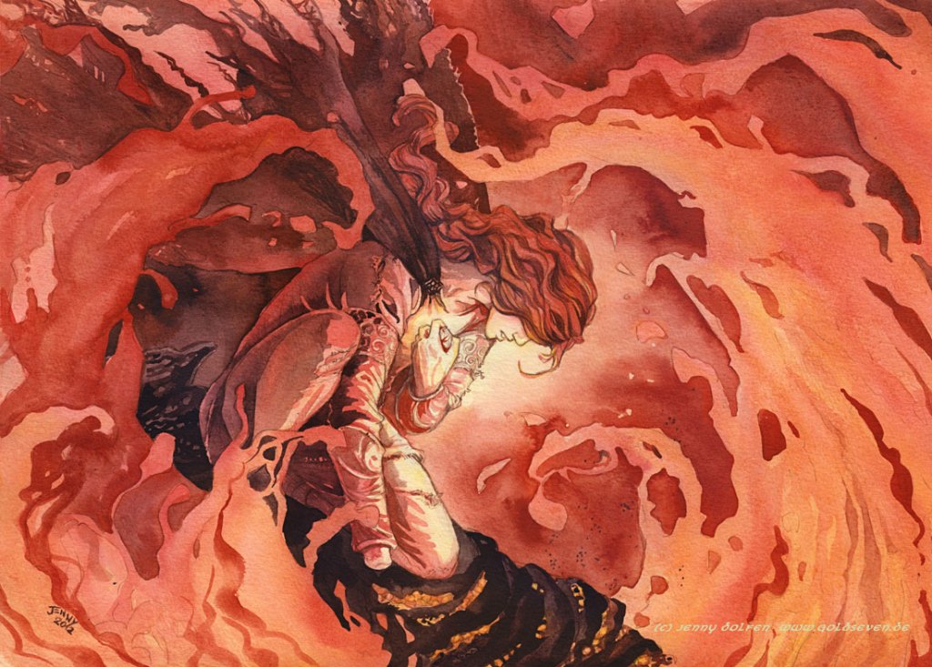 1boy cape elf fire grimace hair_over_eyes holding holding_to_chest jenny_dolfen knee_up lava long_sleeves maedhros male_focus missing_limb monochrome on_one_knee open_mouth painting_(medium) pointy_ears red_cape red_shirt red_theme rock shirt silmaril_(gem) the_silmarillion tolkien&#039;s_legendarium tolkien&#039;s_legendarium torn_cape torn_clothes traditional_media watercolor_(medium)
