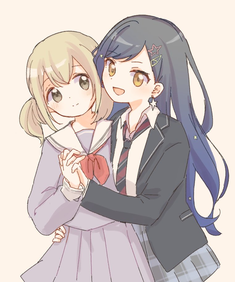 2girls :d azusawa_kohane black_jacket black_necktie blazer blue_hair brown_hair closed_mouth commentary cowboy_shot dark_blue_hair diagonal-striped_clothes diagonal-striped_necktie dot_nose double-parted_bangs earrings gradient_hair grey_serafuku grey_skirt hair_ornament hairclip hand_on_another&#039;s_hip holding_hands interlocked_fingers jacket jewelry kamiyama_high_school_uniform_(project_sekai) lapels light_brown_hair long_hair looking_at_another looking_to_the_side loose_necktie low_twintails miyamasuzaka_girls&#039;_academy_school_uniform multicolored_hair multicolored_necktie multiple_girls neckerchief necktie notched_lapels open_clothes open_collar open_jacket open_mouth paperclip_hair_ornament plaid_clothes plaid_skirt pleated_skirt pocket project_sekai red_neckerchief red_necktie sailor_collar school_uniform serafuku shiraishi_an shirt short_hair sideways_glance simple_background skirt sleeve_cuffs smile star_(symbol) star_earrings star_hair_ornament striped_clothes swept_bangs tareme tsuchiyoko_(hamu_prsk) twintails white_background white_necktie white_sailor_collar white_shirt yellow_eyes