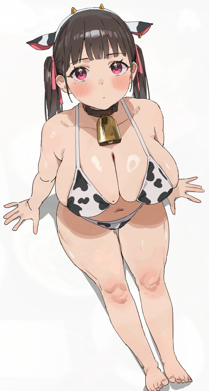 1girl animal_ears animal_print arm_support barefoot bell bikini black_collar blush borrowed_character breasts brown_hair cleavage closed_mouth collar commentary_request cow_ears cow_girl_(riki_unc) cow_horns cow_print cow_print_bikini fake_animal_ears fake_horns from_above hair_ribbon highres horns huge_breasts legs looking_at_viewer mole mole_on_breast mole_under_eye neck_bell nekoshoko original pink_ribbon plump print_bikini red_eyes ribbon simple_background sitting skindentation solo swimsuit thick_thighs thighs toes twintails white_background