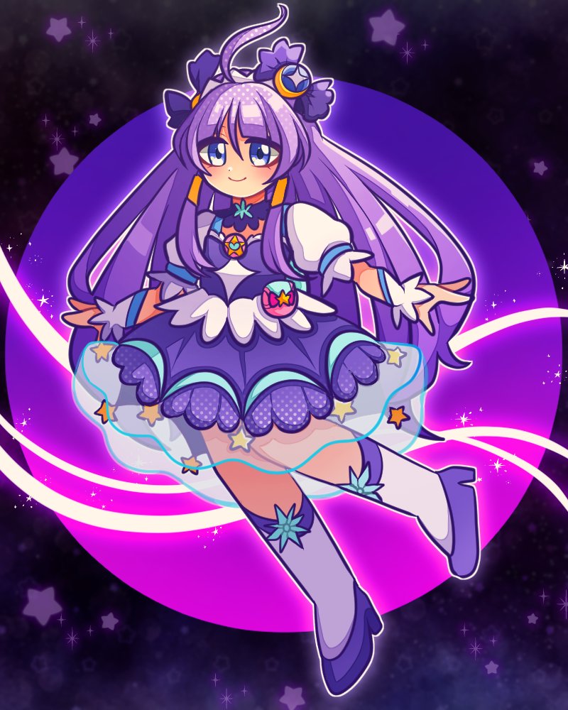 1girl 1jumangoku ahoge black_background blue_eyes blunt_bangs bow brooch choker circle closed_mouth commentary_request cure_selene dress eyelashes flower_choker full_body glowing hair_bow hair_tubes hairband high_heels huge_ahoge jewelry kaguya_madoka kneehighs light_blush long_hair looking_at_viewer magical_girl medium_dress outline pink_bag precure puffy_short_sleeves puffy_sleeves purple_bow purple_choker purple_dress purple_footwear purple_hair short_sleeves sidelocks simple_background smile socks solo sparkle star_(symbol) star_print star_symbol_background star_twinkle_precure very_long_hair white_arm_warmers white_hairband white_outline white_sleeves white_socks