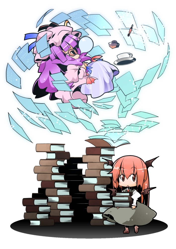 2girls bat_wings blindfold book bubble chibi cup female_focus floating head_wings ink koakuma long_hair multiple_girls nose_bubble nyuusankin open_mouth patchouli_knowledge pen plate purple_hair red_eyes red_hair sleeping teacup embodiment_of_scarlet_devil touhou wings