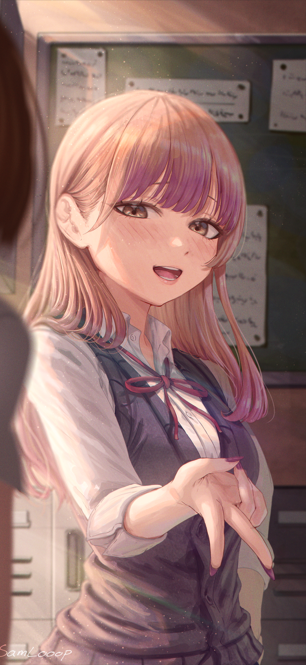 1girl blonde_hair blue_sweater_vest blush boku_no_kokoro_no_yabai_yatsu brown_hair chalkboard classroom collared_shirt colored_tips getabako highres indoors long_hair long_sleeves looking_at_viewer multicolored_hair neck_ribbon open_mouth purple_nails red_ribbon ribbon samlooop school_uniform shirt solo_focus sweater_vest white_shirt yamada_anna