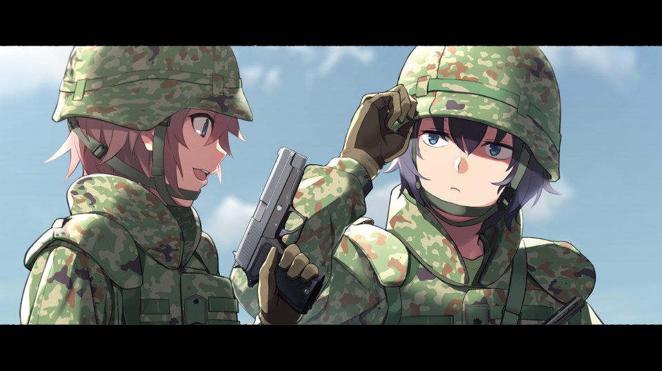 2girls belt black_hair blue_eyes blue_sky brown_hair camouflage camouflage_headwear camouflage_jacket coat gloves gun hair_between_eyes handgun helmet holding holding_gun holding_weapon jacket japan_self-defense_force letterboxed military military_combat_uniform military_uniform multiple_girls original pistol prime_(prime_tw) short_hair sig_p220/p226 sky upper_body weapon