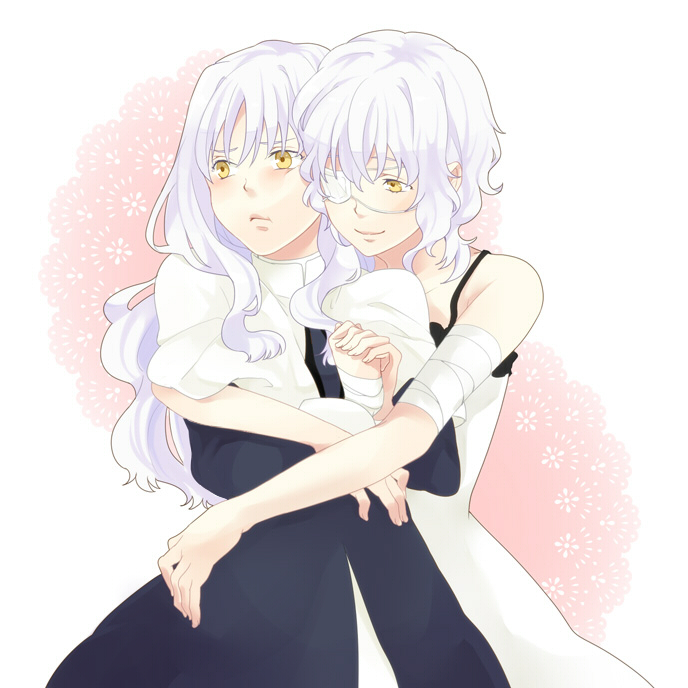 2girls bad_id bad_pixiv_id blush caren_hortensia claudia_hortensia dress eyepatch fate/hollow_ataraxia fate/stay_night fate/zero fate_(series) habit hug hug_from_behind long_hair mother_and_daughter multiple_girls passo0102 short_hair time_paradox wavy_hair white_hair yellow_eyes